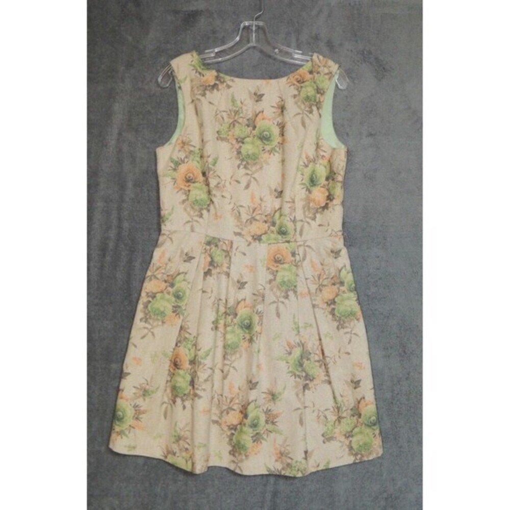 Pink Martini Floral Fit and Flare Dress Womens Large Beige Green Wool Retro Mod